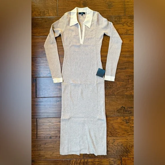Lulus Taupe Block Midi Sweater Dress Ribbed Knit Collared Midi size L - Picture 4 of 12